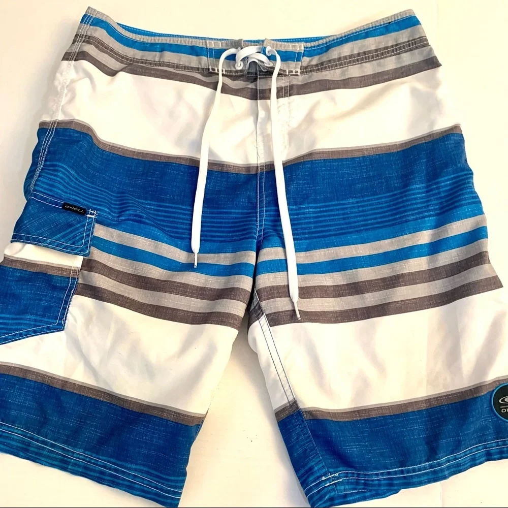 O’NEILL Blue, Gray and White Stripe Swim Trunks